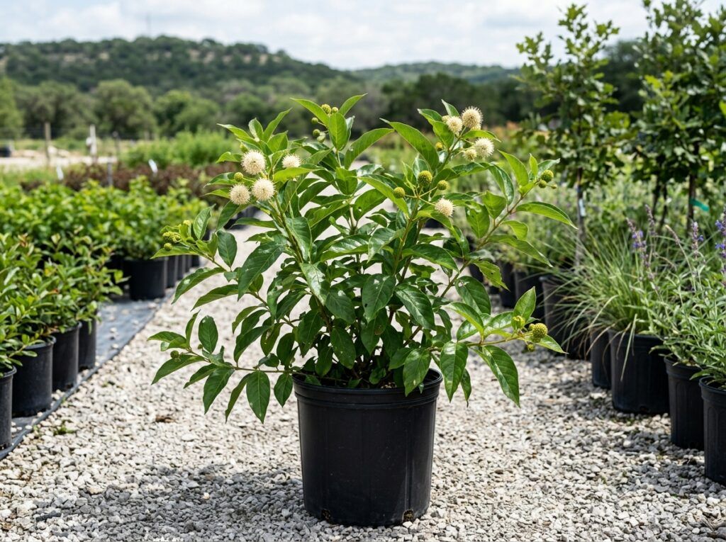 Button Bush shrub with glossy green leaves and white buttonlike flower clusters in bloom.