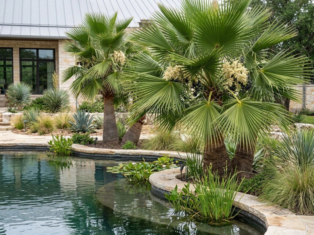 California Fan Palm with a full crown of green fan-shaped fronds, shown as a mature palm in landscape planting.