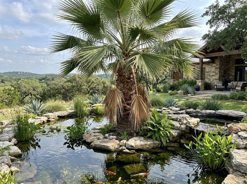 California Fan Palm palm with large green fan-shaped fronds, shown as a young specimen in a container.