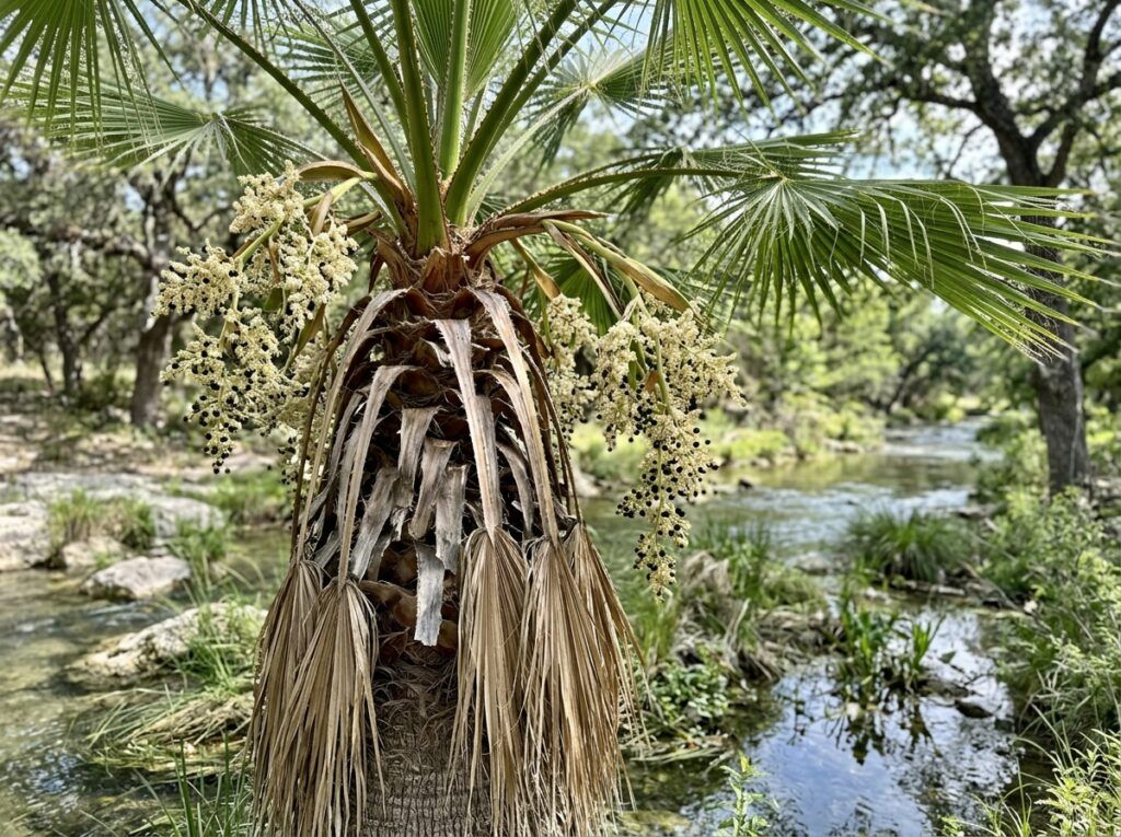 California Fan Palm palm with tall trunk and large fan-shaped fronds against sky.