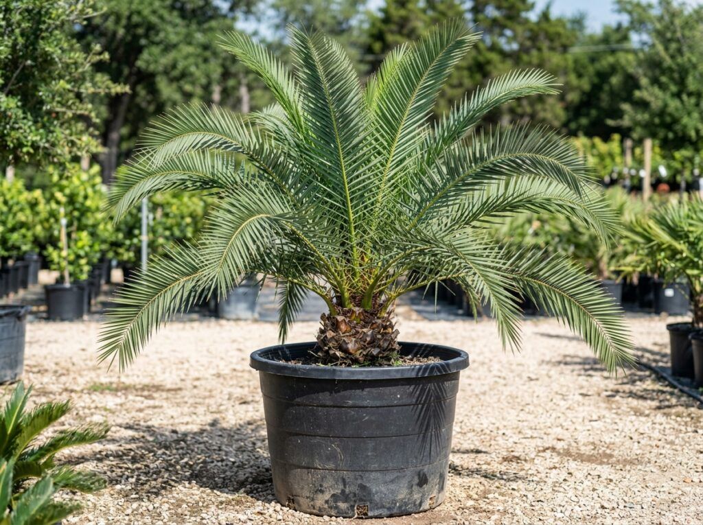 Canary Island Date Palm palm with stout trunk and arching green fronds in a nursery container.