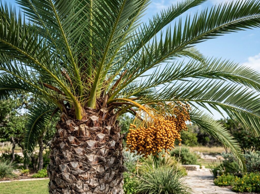 Canary Island Date Palm with a stout trunk and arching green fronds in a nursery container.