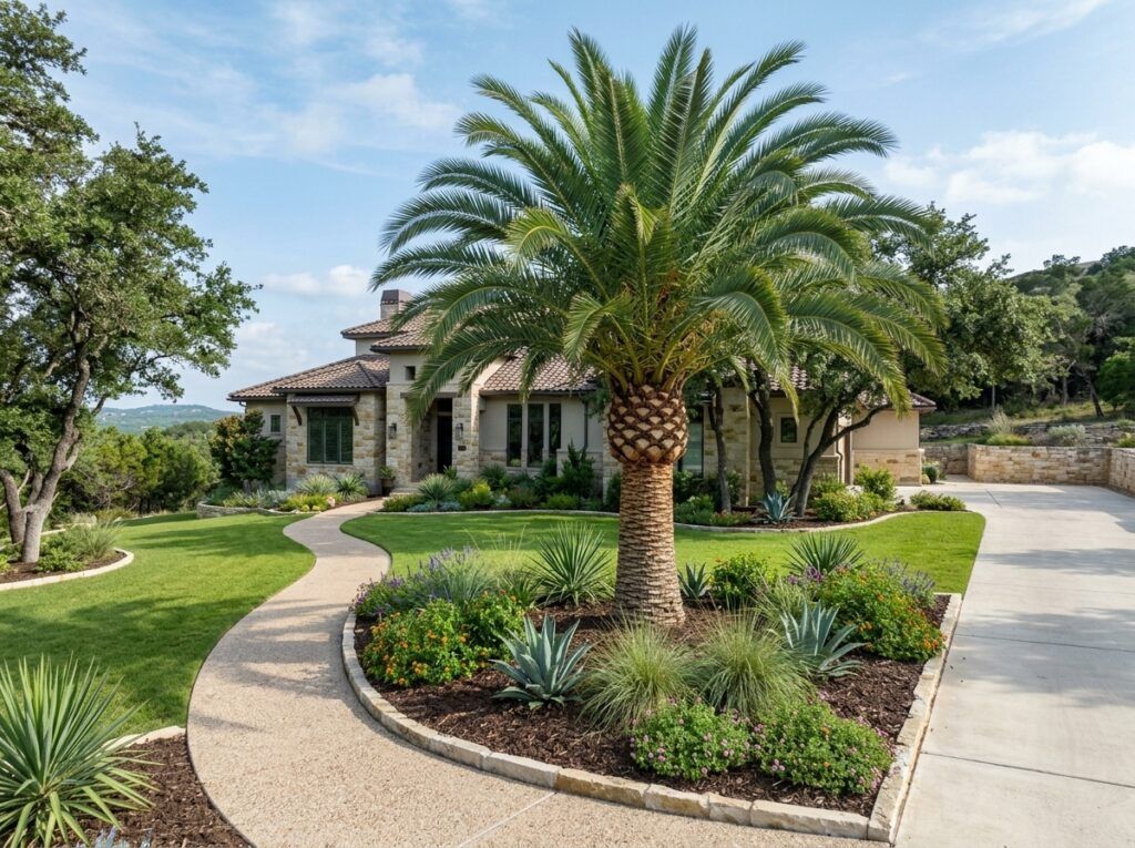 Canary Island Date Palm palm with thick trunk and arching green fronds in a landscape planting.