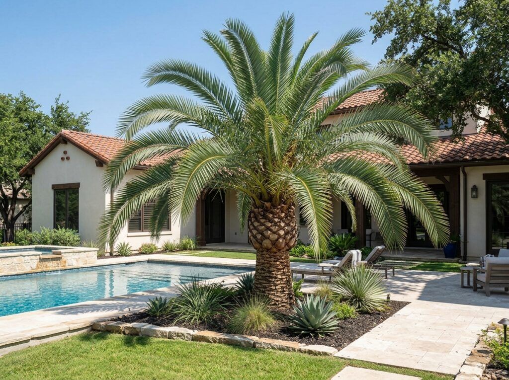 Canary Island Date Palm palm with a thick trunk and arching green fronds against a clear sky