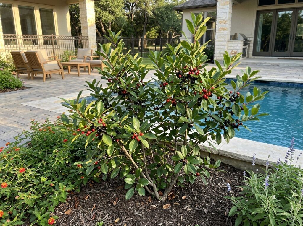 Carolina Buckthorn shrub in a black nursery pot with dense green foliage.