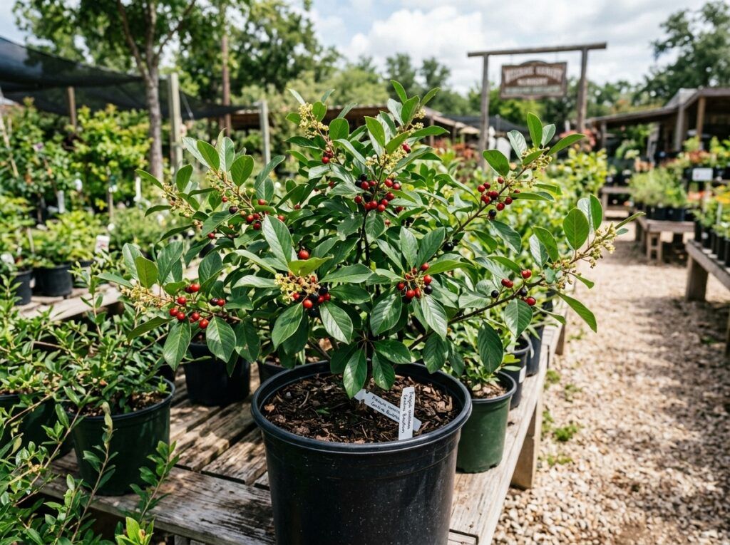 Carolina Buckthorn shrub in a nursery container with dense, glossy green foliage.