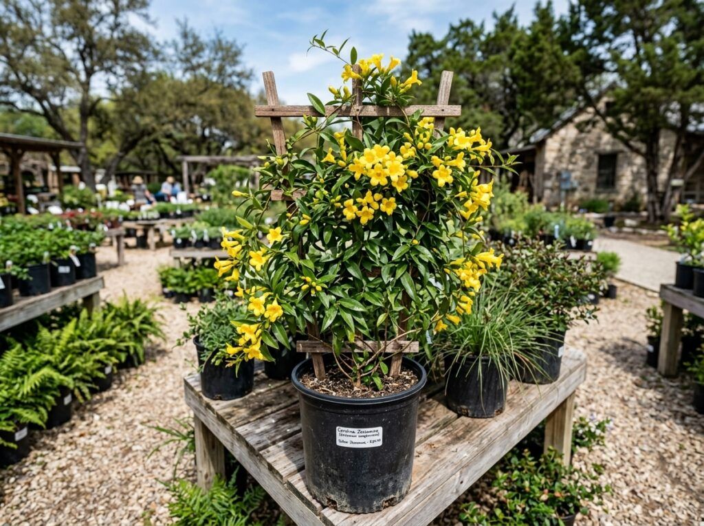 Carolina Jessamine vine with bright yellow trumpet flowers and glossy green leaves.