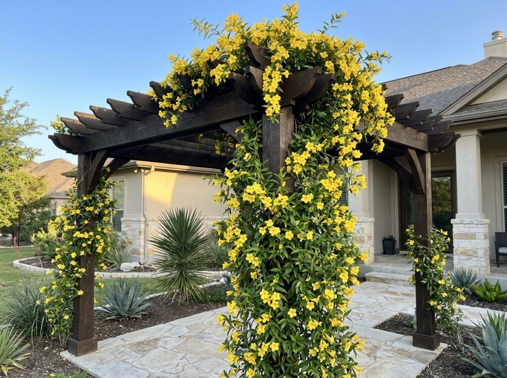 Carolina Jessamine vine with bright yellow trumpet flowers and glossy green foliage climbing