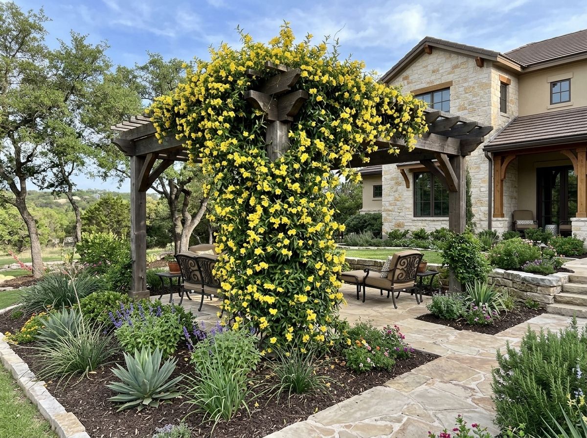 Carolina Jessamine vine with bright yellow trumpet flowers and glossy green foliage climbing on support.