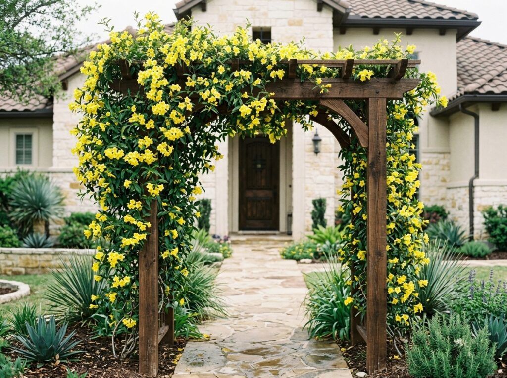 Carolina Jessamine vine with yellow trumpet flowers and glossy green foliage growing on a trellis.
