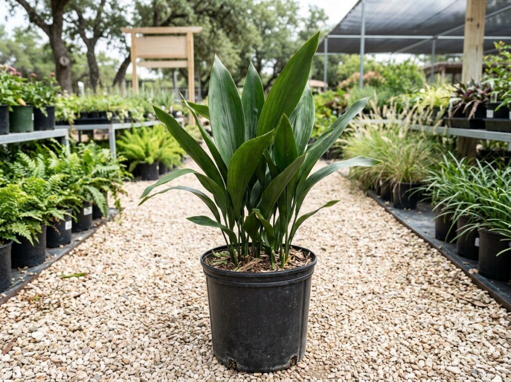 Cast Iron Plant perennial with glossy dark green lance leaves in a black nursery pot.