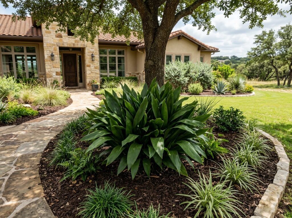Cast Iron Plant perennial in a black nursery pot, upright dark green lance-shaped leaves.