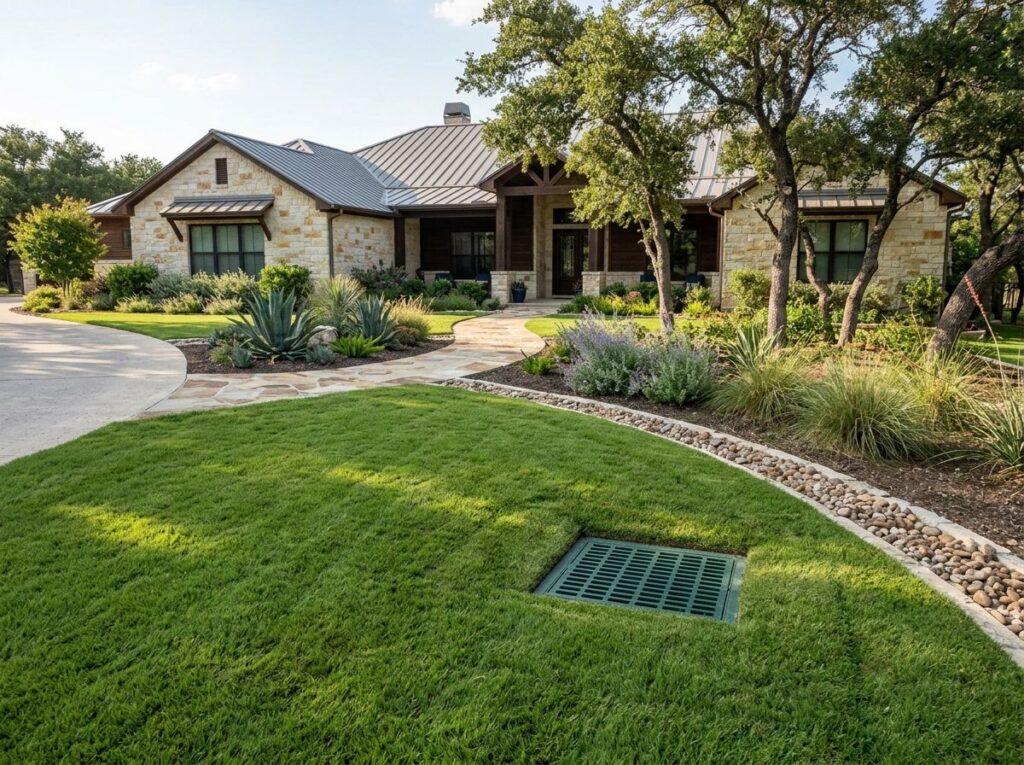 Catch Basin System drainage with a square grate set in gravel beside the lawn, feeding into a buried drain pipe.