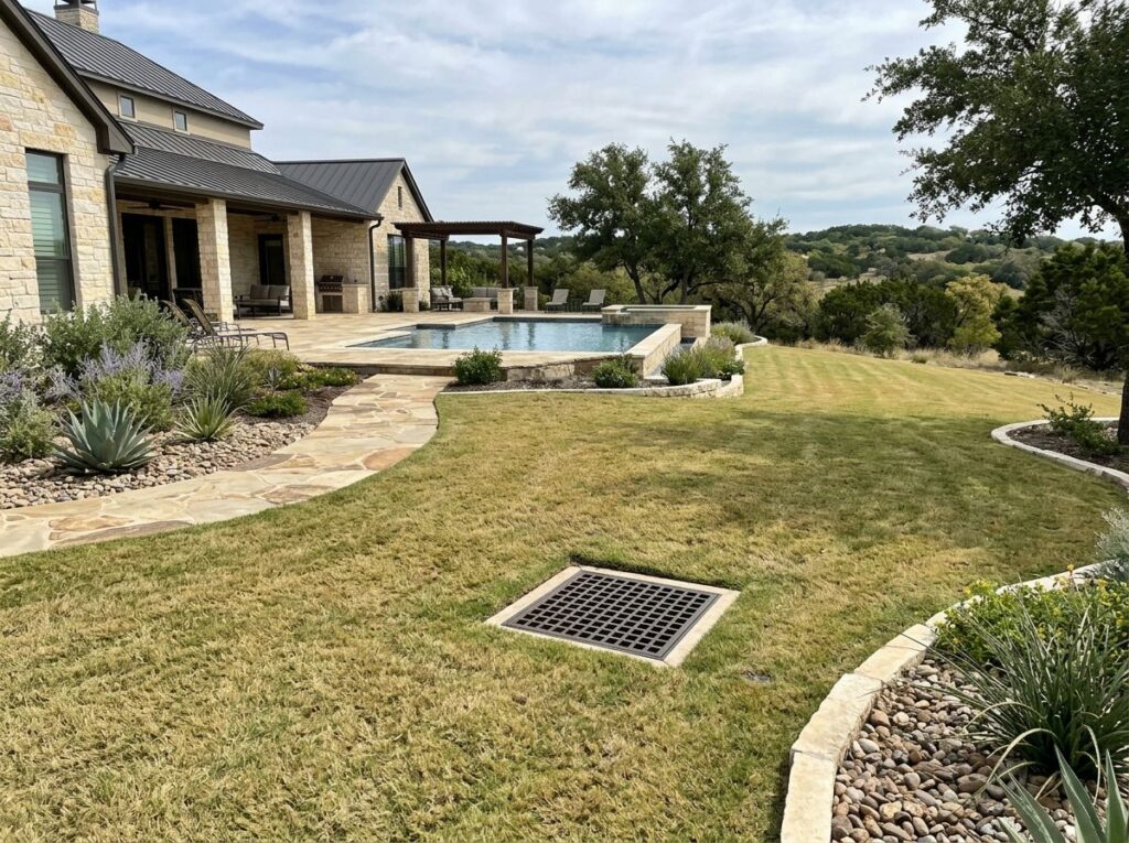 Catch Basin System drainage installation with grated basin set in gravel beside lawn, connected to buried pipe.