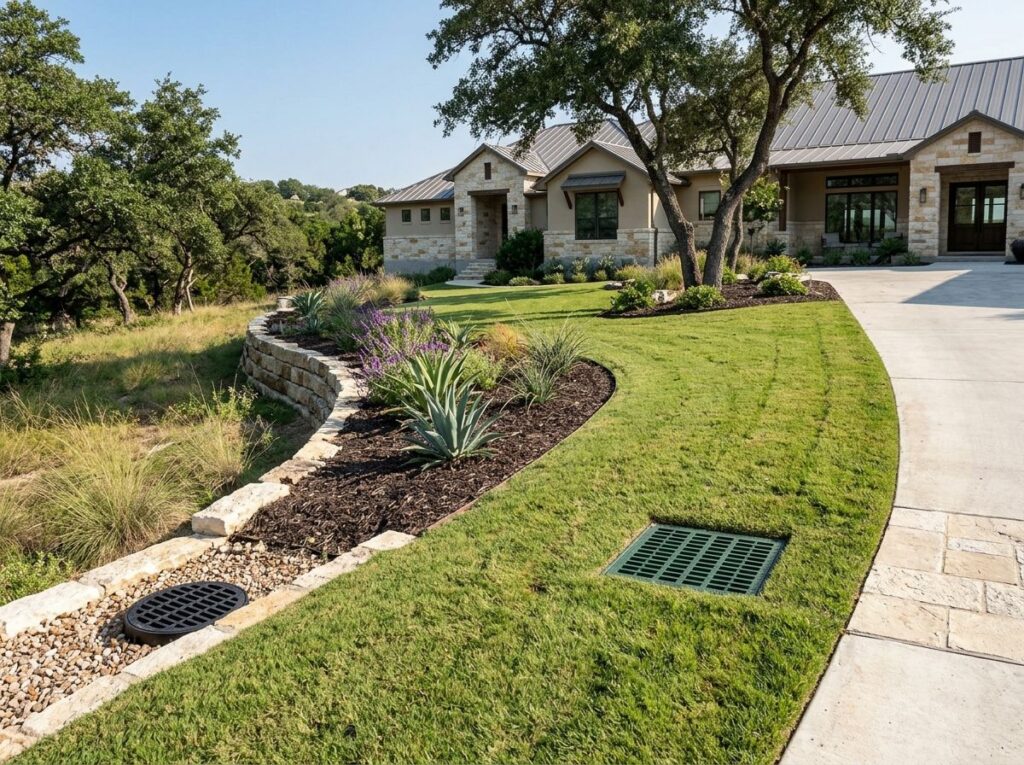 Catch Basin System drainage installed in lawn with square grate set flush to grass beside concrete edge.