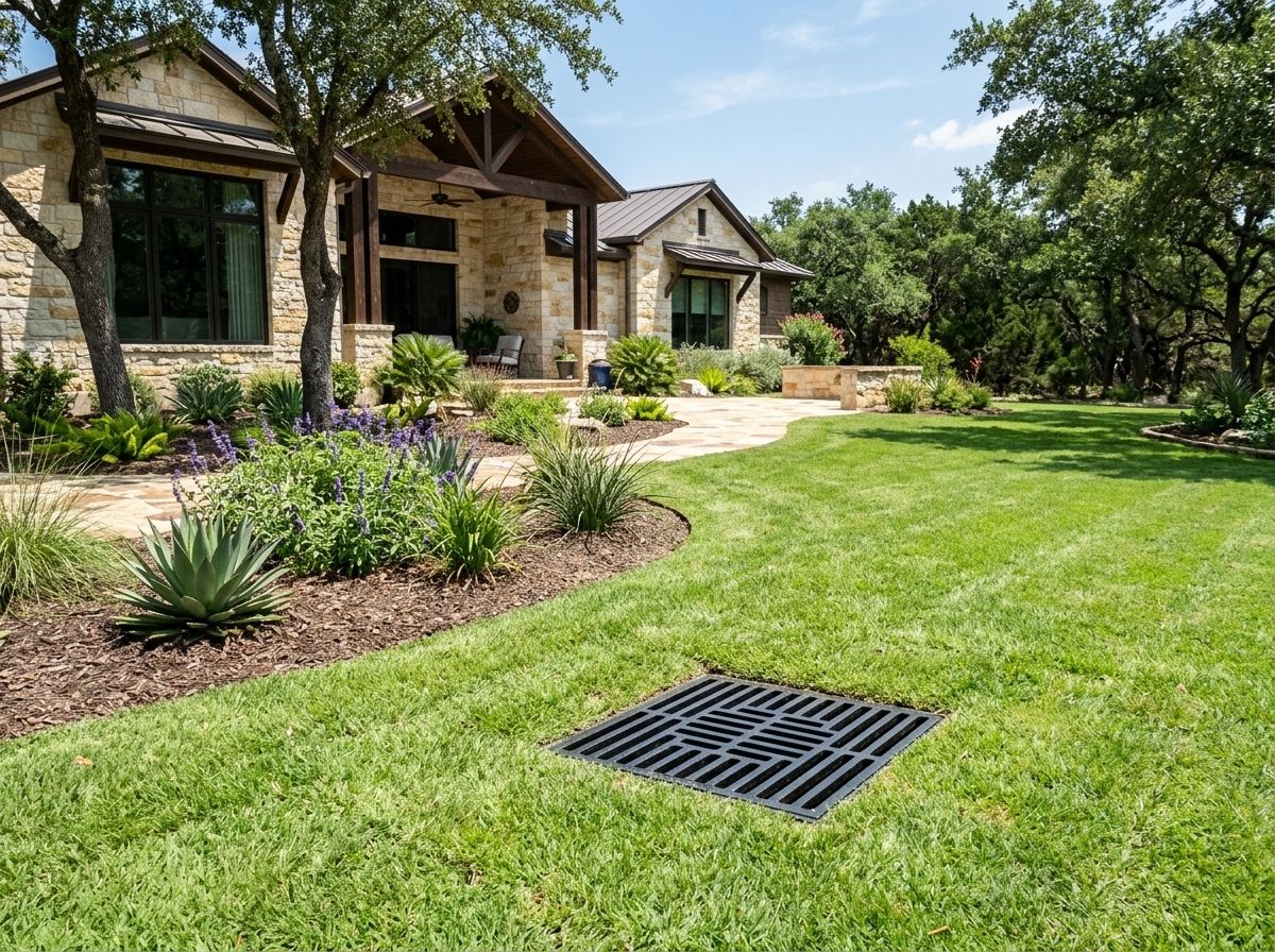 Catch Basin System drainage grate installed in lawn beside walkway, connected to buried pipe.