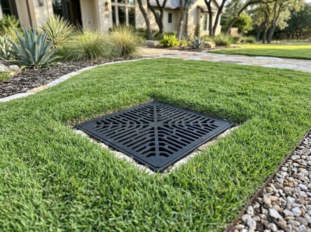 Catch Basin System drainage grate set in landscaped yard beside stone edging, connected to buried drain pipe.