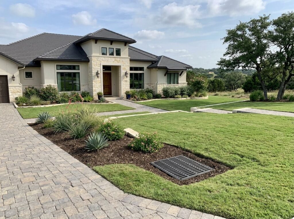 catch basin system drainage box with black grate set in gravel at lawn edge, connected to drain pipe.