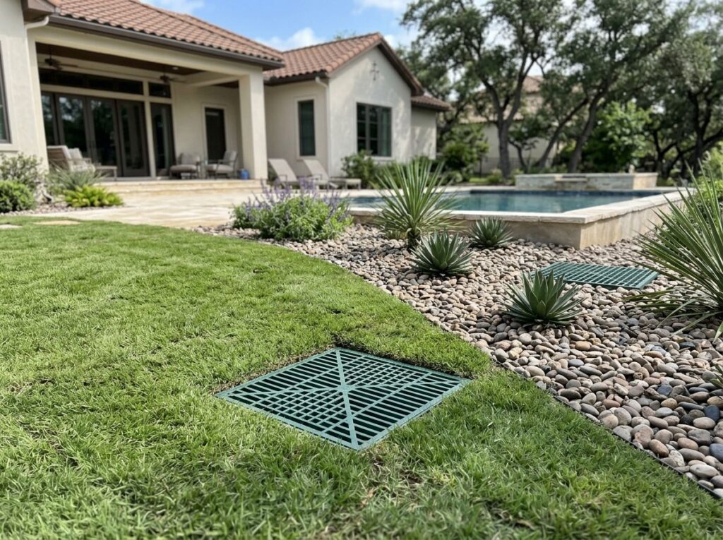 Catch Basin System drainage with square grate set in gravel beside lawn for surface water collection.