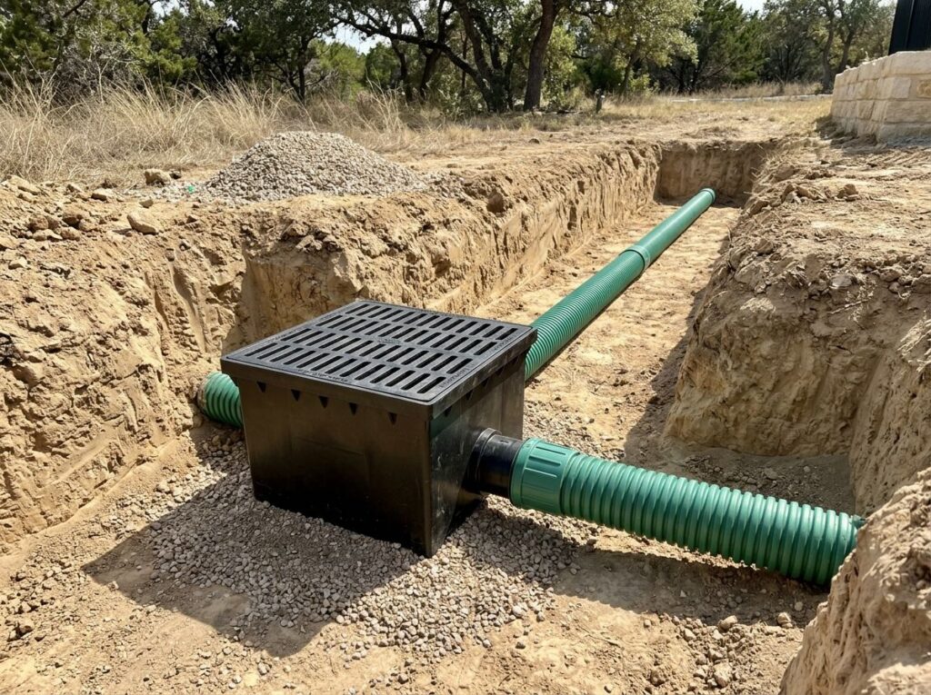 Catch Basin System drainage inlet with black grate set in lawn beside mulch bed, collecting surface runoff.
