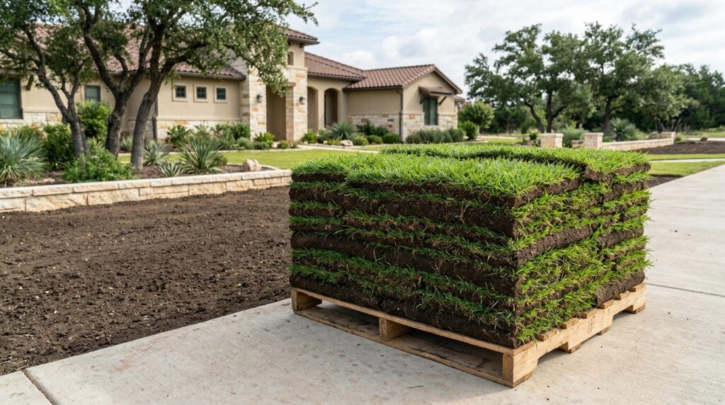 Cavalier sod rolls freshly laid in neat seams, showing dense, dark green turf.