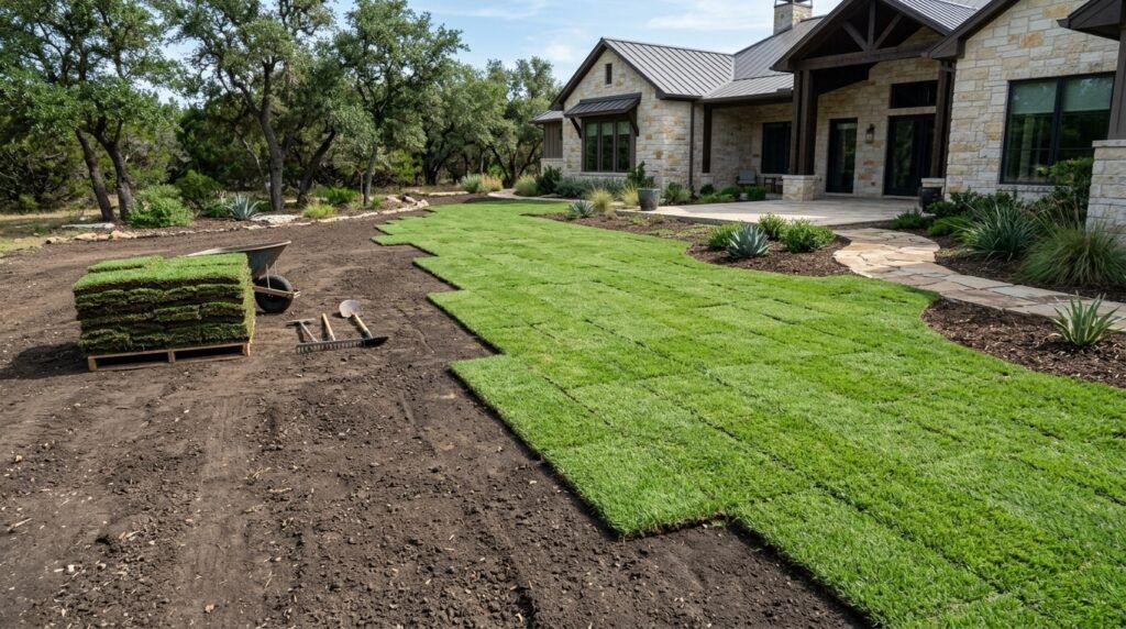 Cavalier sod rolls stacked on a pallet, showing dense dark-green turf ready for sod installation.