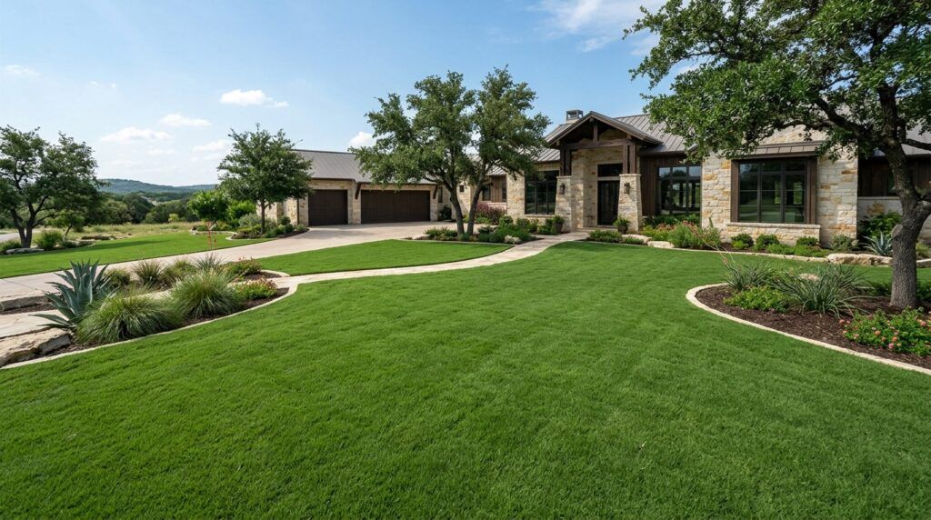 Cavalier Zoysia sod freshly installed in neat seams, bright green turf covering a yard.