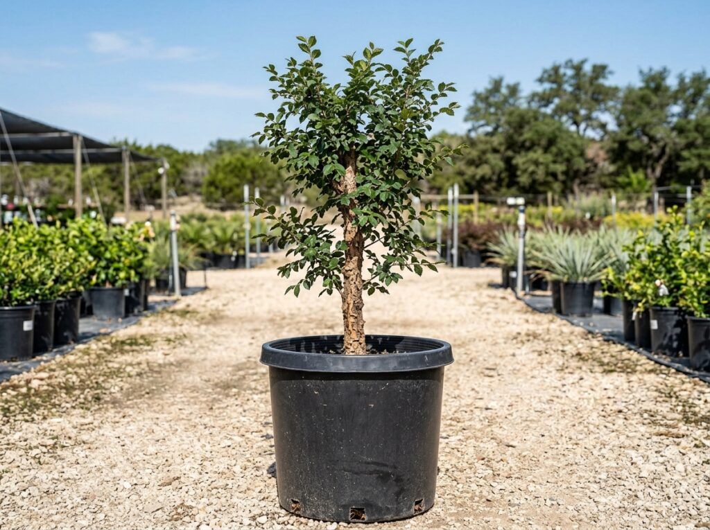 Cedar Elm tree in a black nursery pot with dense green canopy and slender trunk on a light background.