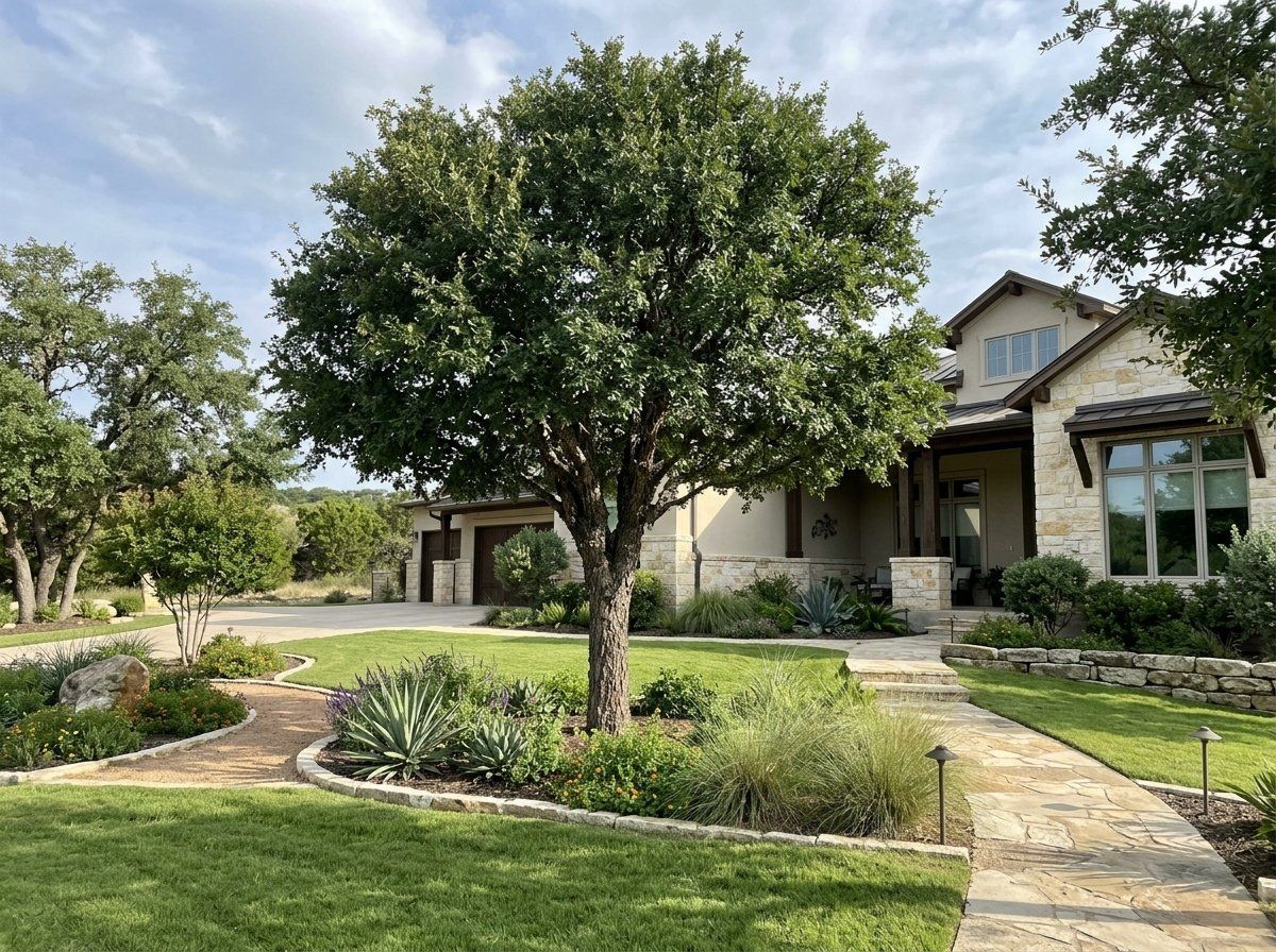 Cedar Elm tree with a dense green canopy and branching trunk, shown as a mature landscape specimen.