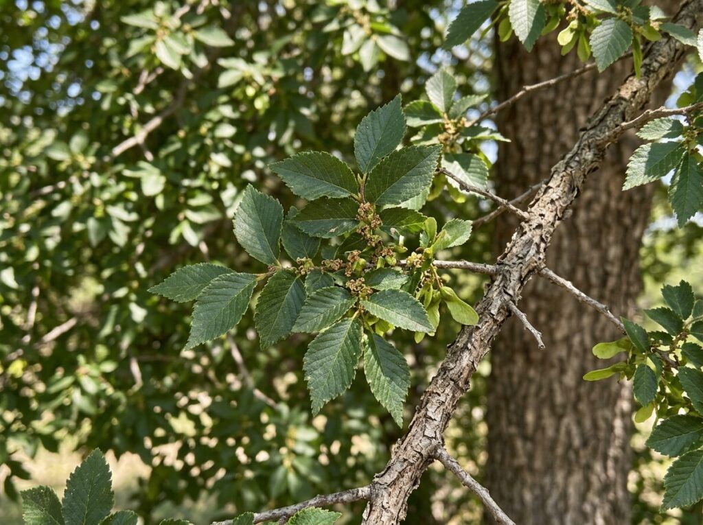 Cedar Elm tree in a nursery container with dense green foliage against a white background.