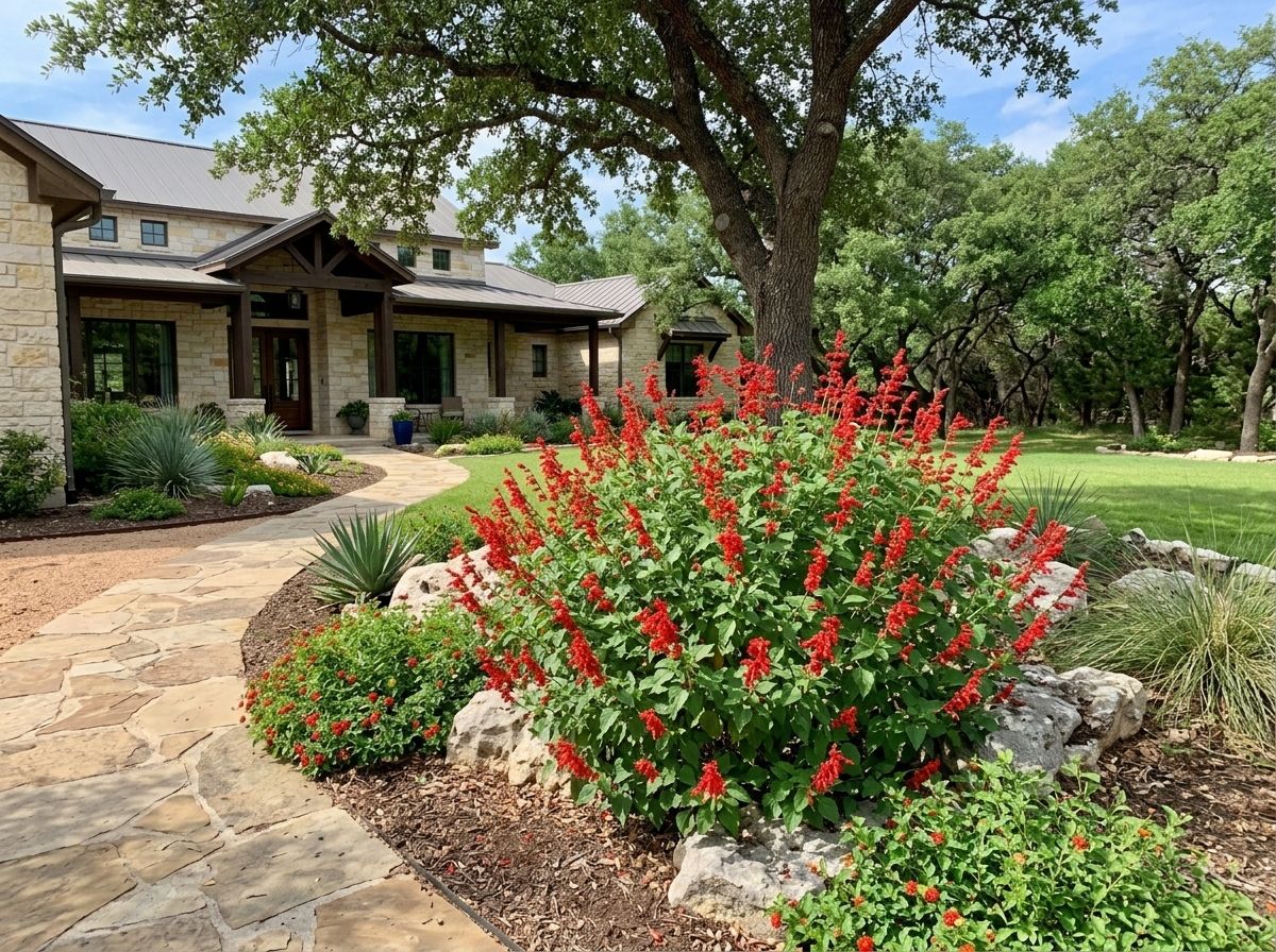 Cedar Sage perennial with mounded green foliage and purple flower spikes growing in a landscaped garden bed.