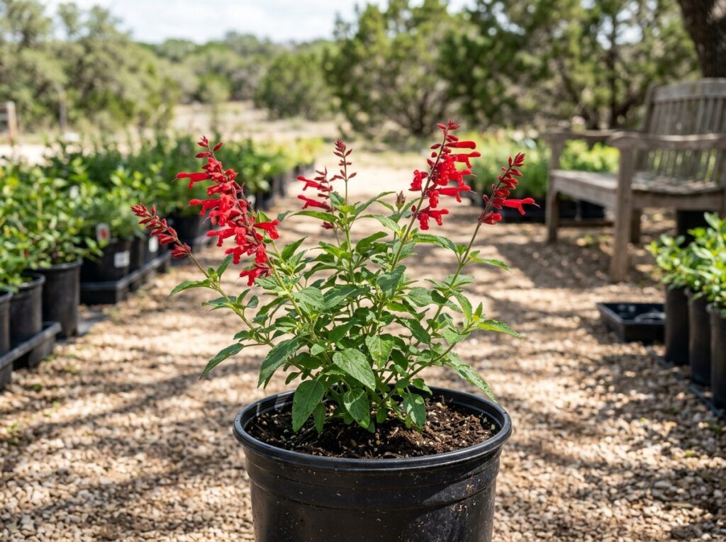 Cedar Sage perennial in a nursery pot with green foliage and small purple flower spikes.