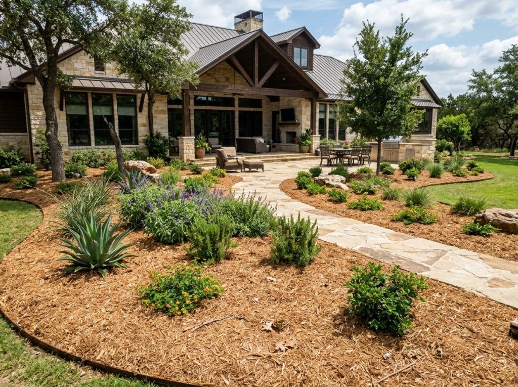 Cedar Mulch Double Shredded mulch ground cover spread in a rich brown layer around landscape plants.