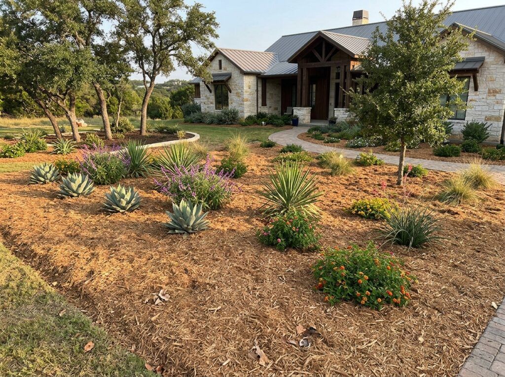 Cedar Mulch Double Shredded mulch ground cover spread in a rich brown layer around plants in a landscape bed.