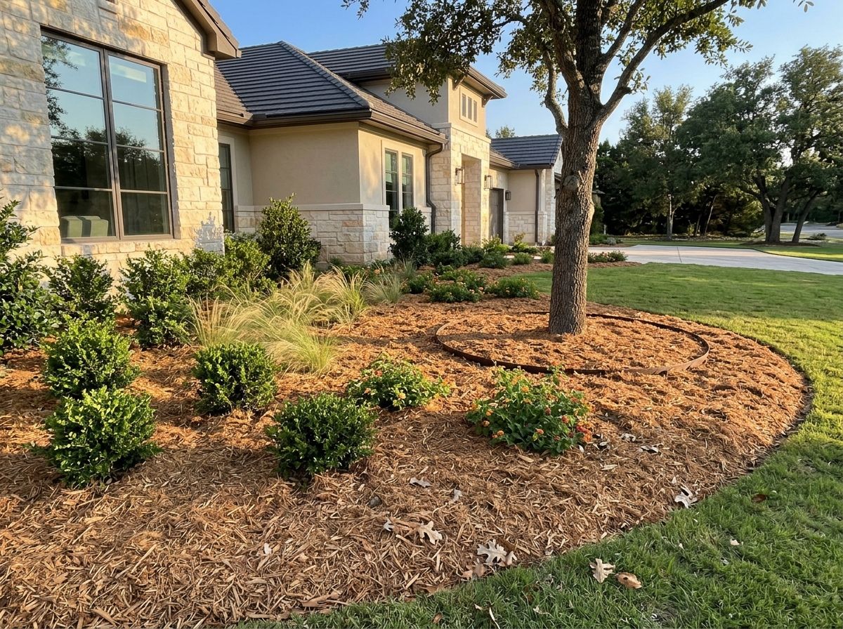 Cedar Mulch Double Shredded mulch ground cover spread in a thick reddish-brown layer around plants.