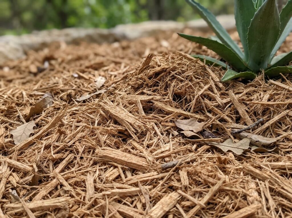 Cedar Mulch Double Shredded ground cover spread in a thick reddish-brown layer over soil in a landscape bed.