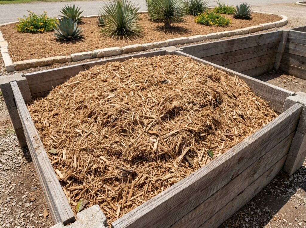 Cedar Mulch Double Shredded mulch ground cover piled in a rich reddish-brown, double-shredded texture.