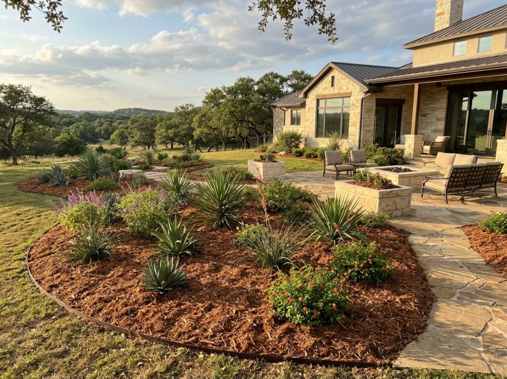 Cedar Mulch Single Shredded mulch ground cover spread in a thick reddish-brown layer around landscape plants.