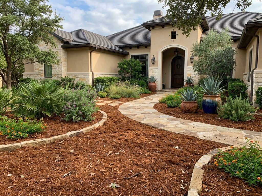 Cedar Mulch Single Shredded mulch ground cover spread in a reddish-brown layer over soil around plants.
