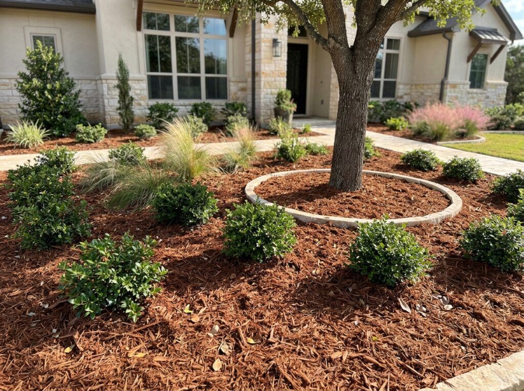 Cedar Mulch Single Shredded mulch ground cover spread in a loose reddish-brown layer over soil around plants.