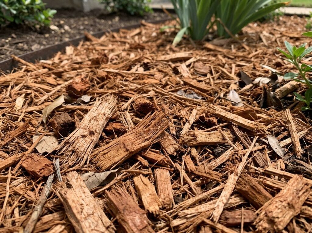 Cedar Mulch Single Shredded mulch ground cover in reddish-brown shredded pieces spread in a landscaping bed.
