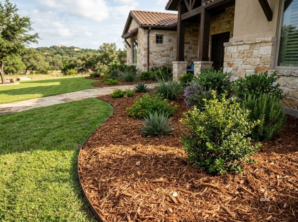 Cedar Mulch Single Shredded mulch ground cover in reddish-brown shredded pieces spread over soil.