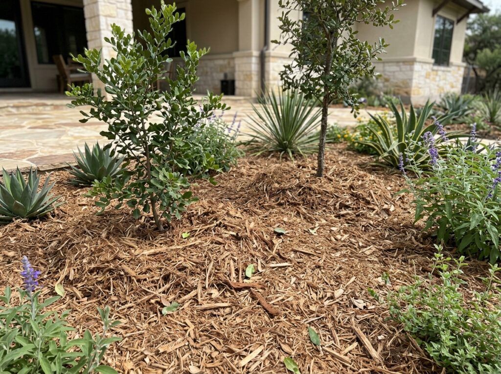 Cedar Mulch Single Shredded mulch ground cover, reddish-brown shredded cedar pieces spread in a landscape bed.