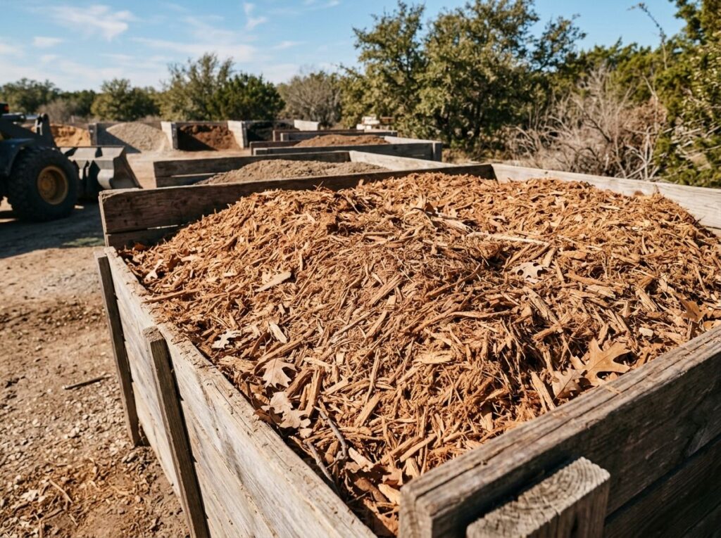 Cedar Mulch Single Shredded mulch ground cover, reddish-brown shredded wood chips spread in a thick layer.
