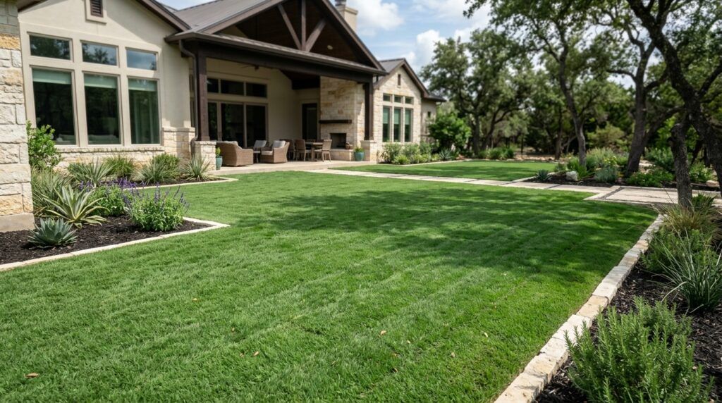 Celebration Bermuda sod with dense green blades in tight seams, freshly laid for a smooth lawn surface.