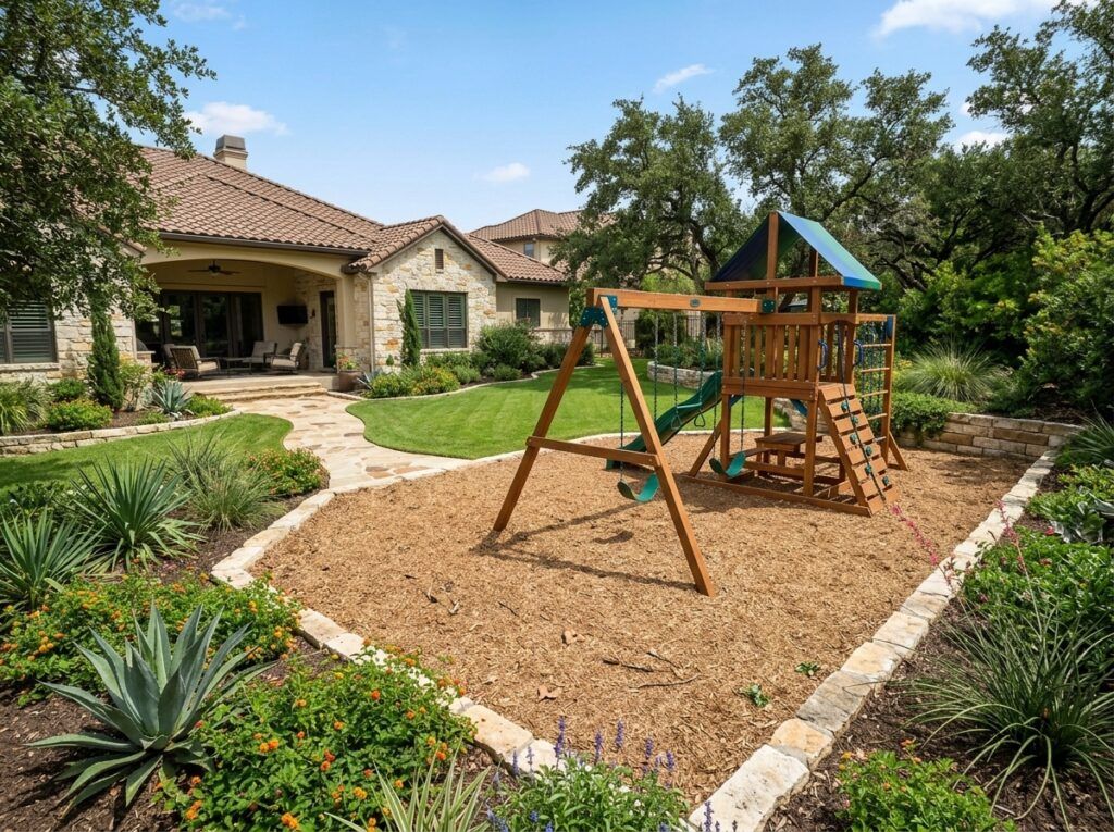 Certified Playground Mulch ground cover spread thick under playground equipment, dark brown shredded wood chips.
