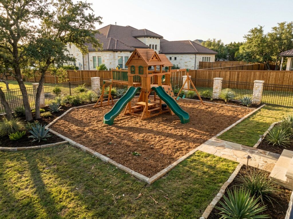 Certified Playground Mulch ground cover spread in a play area, showing dark brown wood chips around equipment.