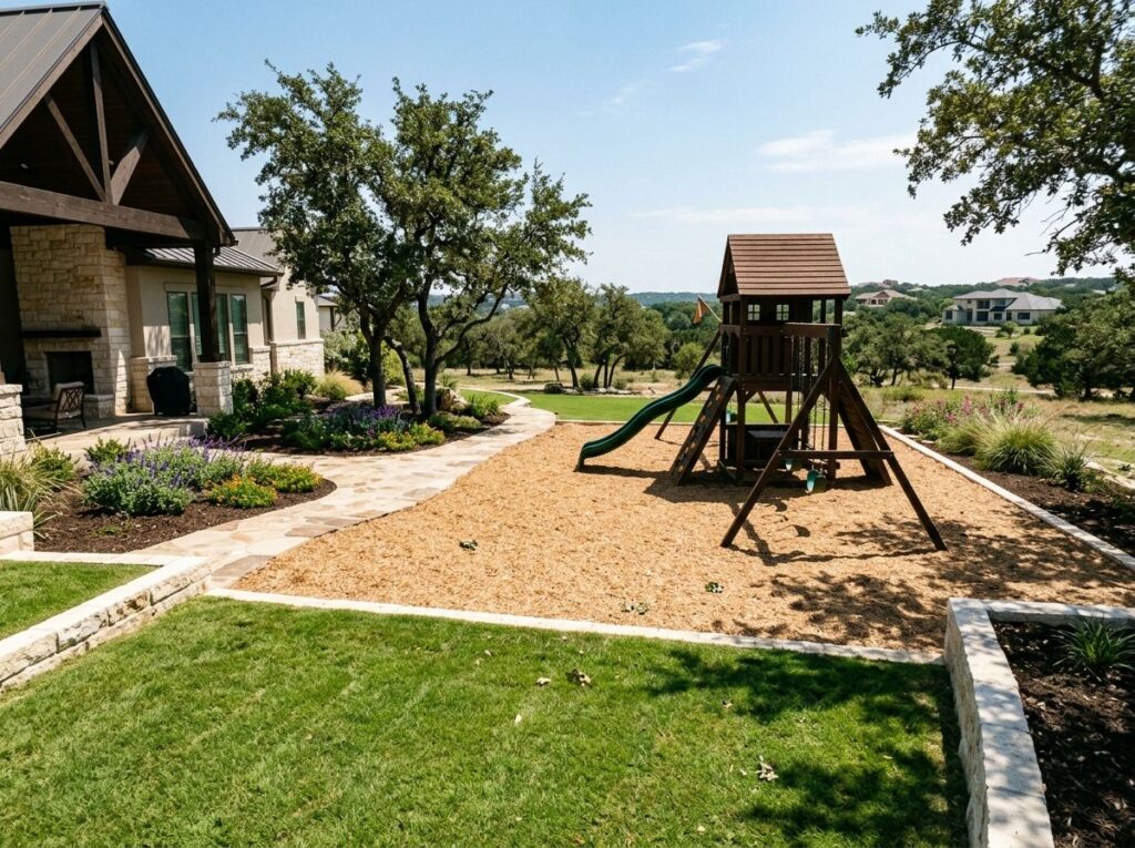 Certified Playground Mulch ground cover spread in a thick tan-brown layer around a playground surface.