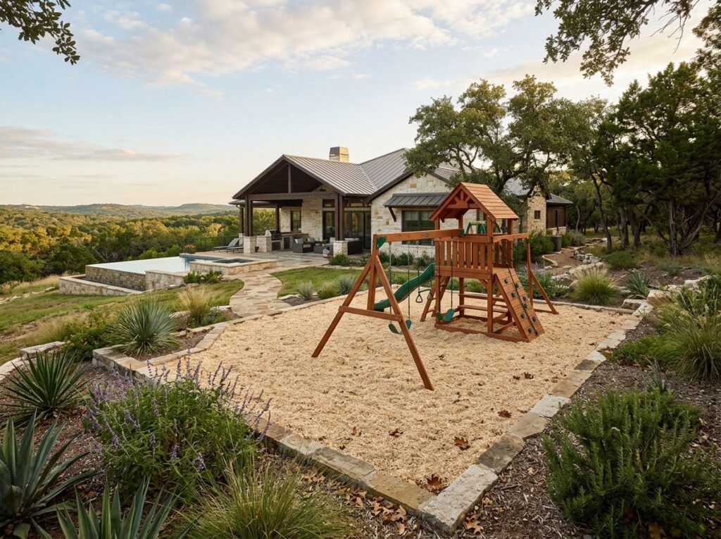 Certified Playground Mulch ground cover spread in a thick brown layer around a playground playset.