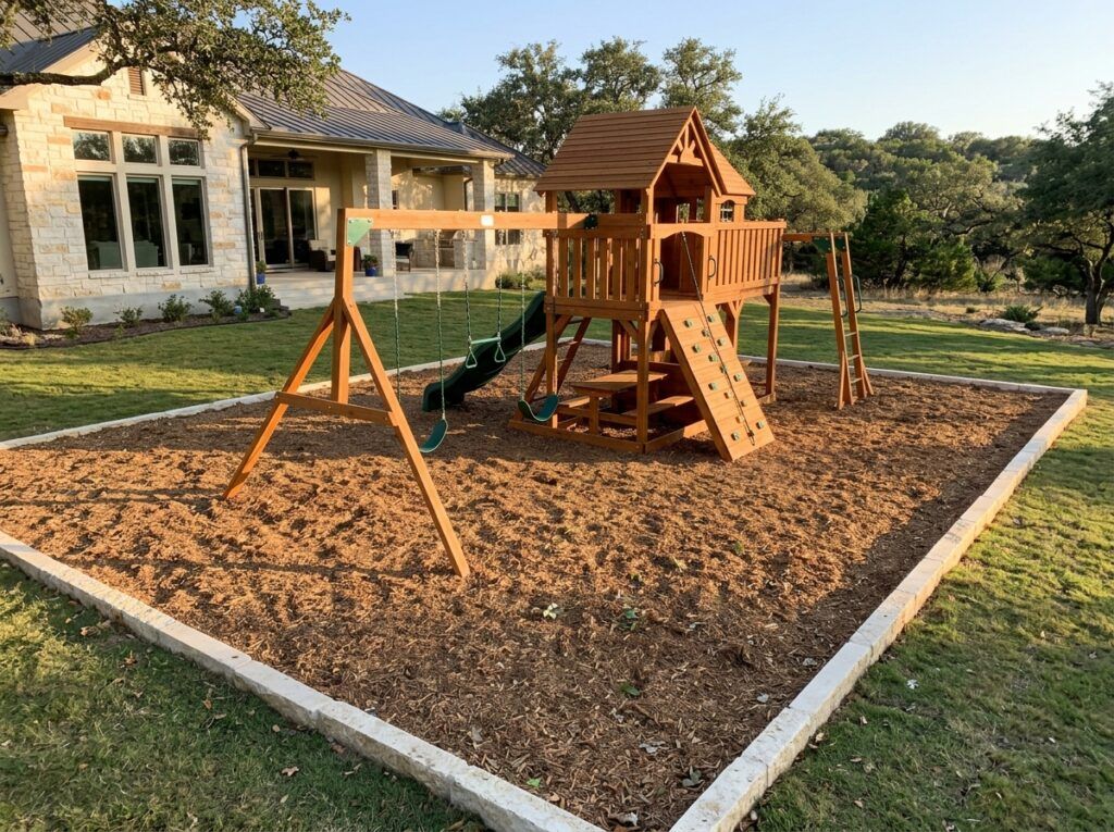 Certified Playground Mulch ground cover spread in a thick, even layer of reddish-brown wood chips.